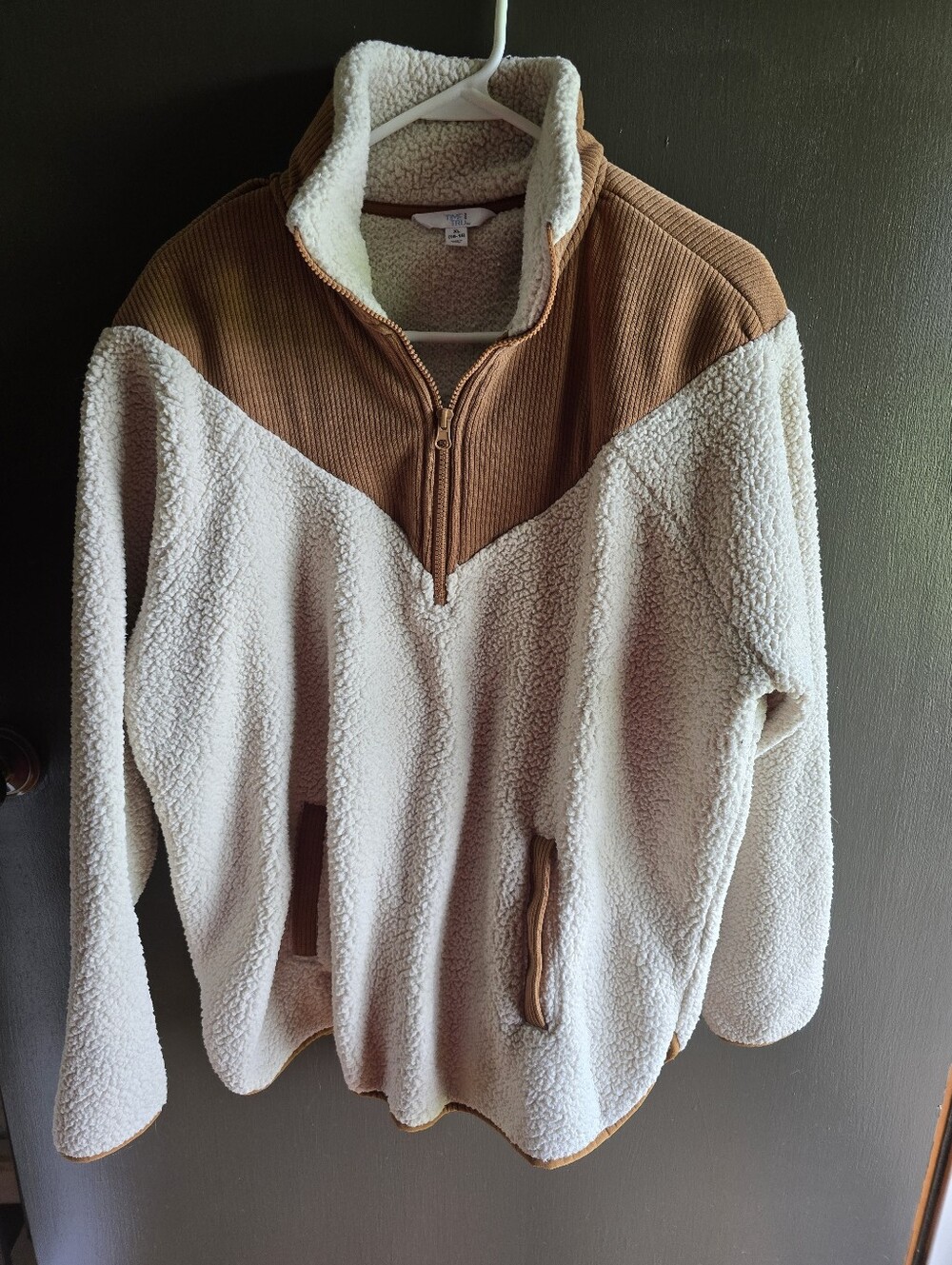 Time and Tru Cream Sherpa Pullover with Camel Trim